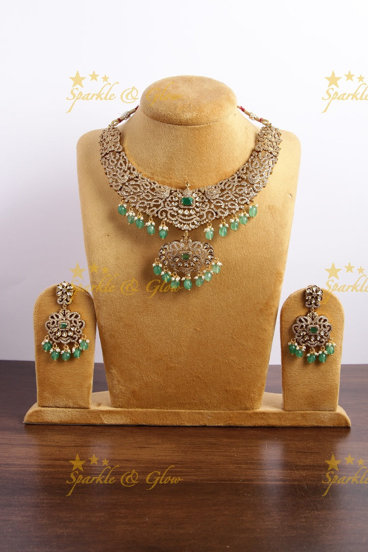 Stunning Peacock desogn Victorian AD short necklace with pearls and mint green beads - mint green
