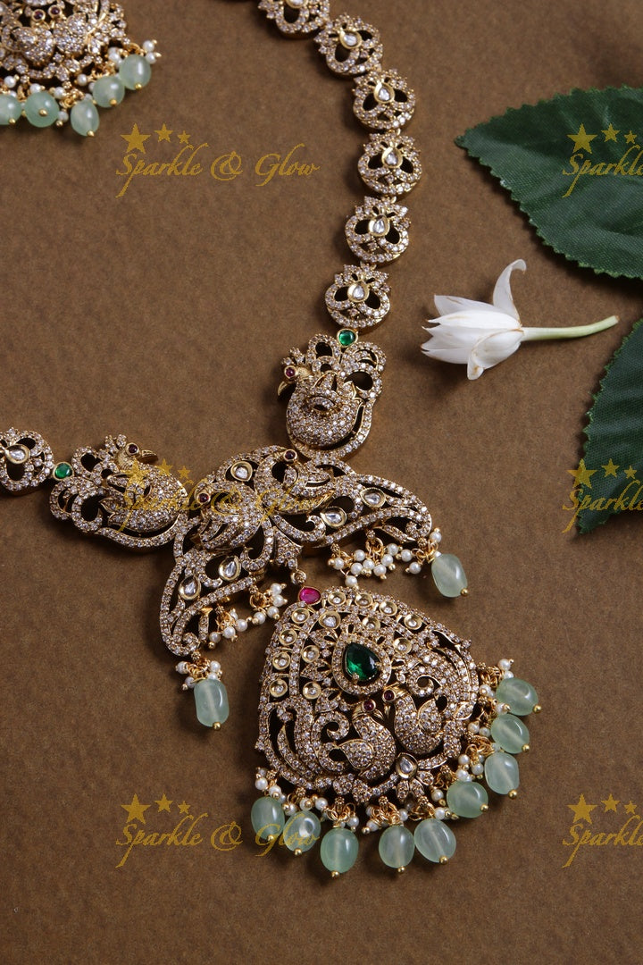 Exclusive Peacock design Victorian AD long necklace with pearls and mint green beads