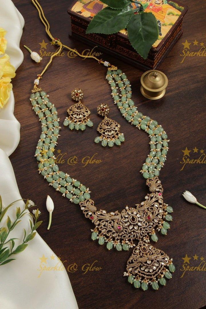 Beautiful Peacock carved pendent Victorian AD haram with multi layer green beads chain - Sparkle and Glow