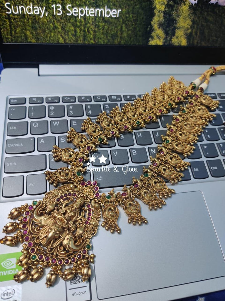 Gold alike antique polished mango design lakshmi haram- Pink - Sparkle and Glow