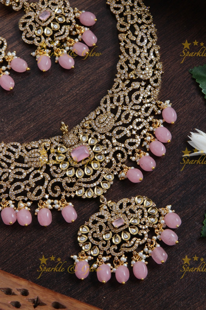 Stunning Peacock desogn Victorian AD short necklace with pearls and baby pink beads - baby pink