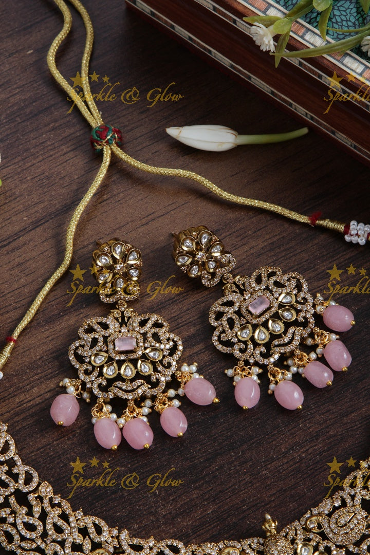 Stunning Peacock desogn Victorian AD short necklace with pearls and baby pink beads - baby pink