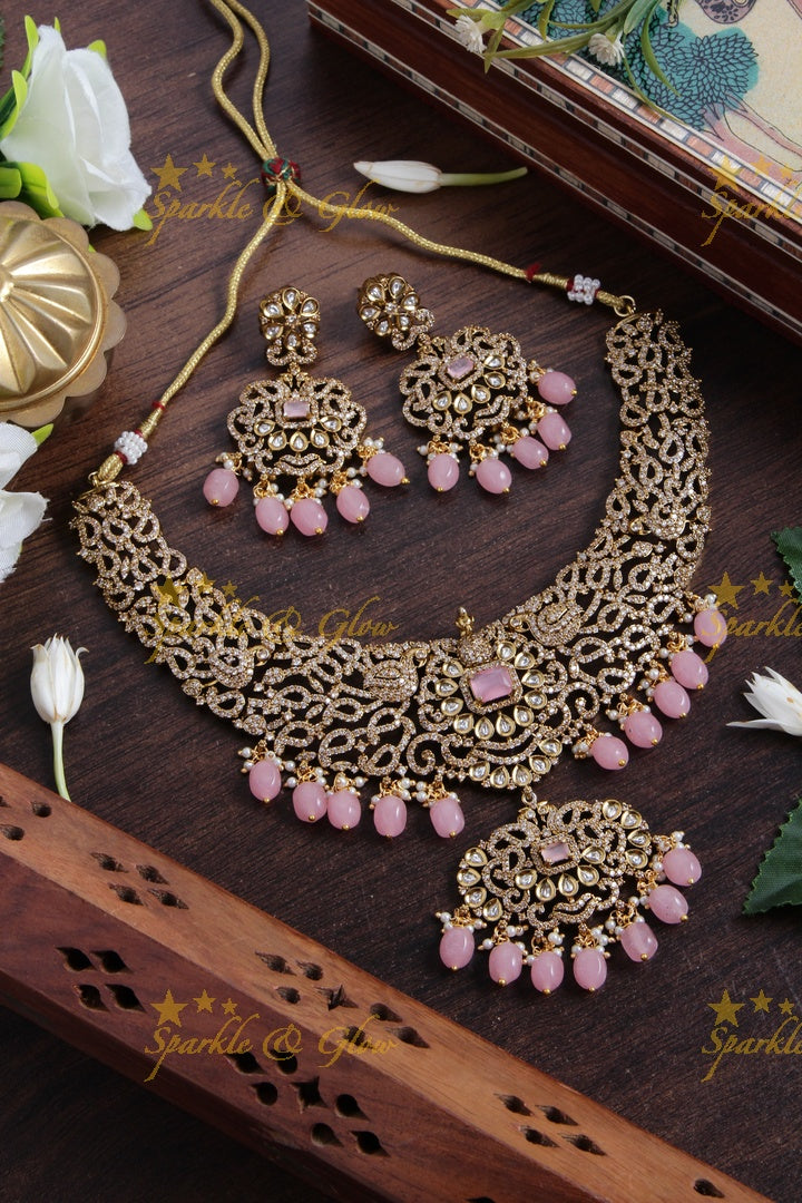 Stunning Peacock desogn Victorian AD short necklace with pearls and baby pink beads - baby pink
