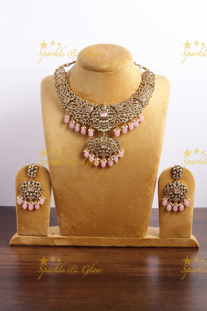 Stunning Peacock desogn Victorian AD short necklace with pearls and baby pink beads - baby pink