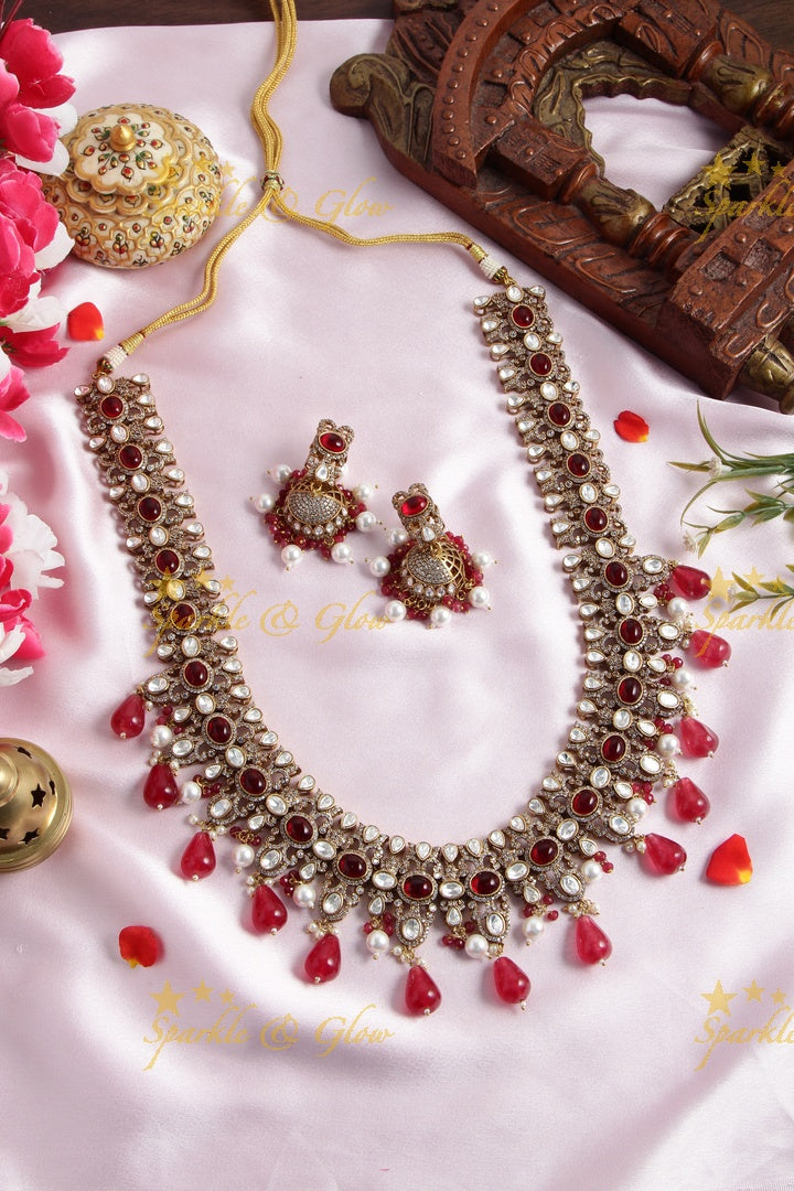 Grand intricate floral design Victorian AD long necklace with navaratna pearls and navaratna beads