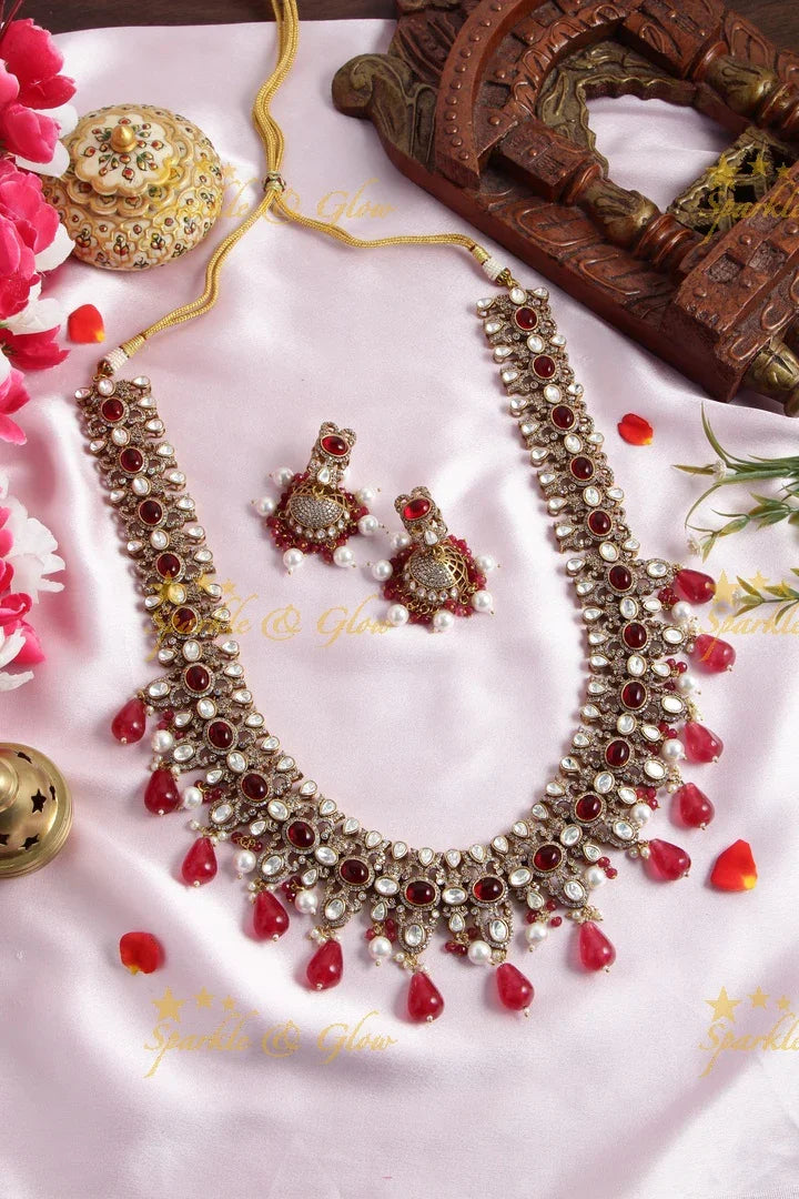 Grand intricate floral design Victorian AD long necklace with navaratna pearls and navaratna beads - Sparkle and Glow