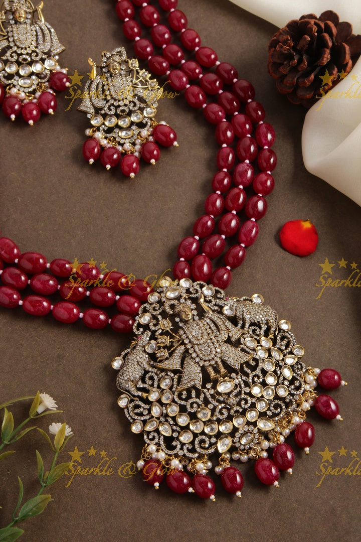 Gorgeous Balaji pendent multi layer pink beads chain Victorian AD haram - pink