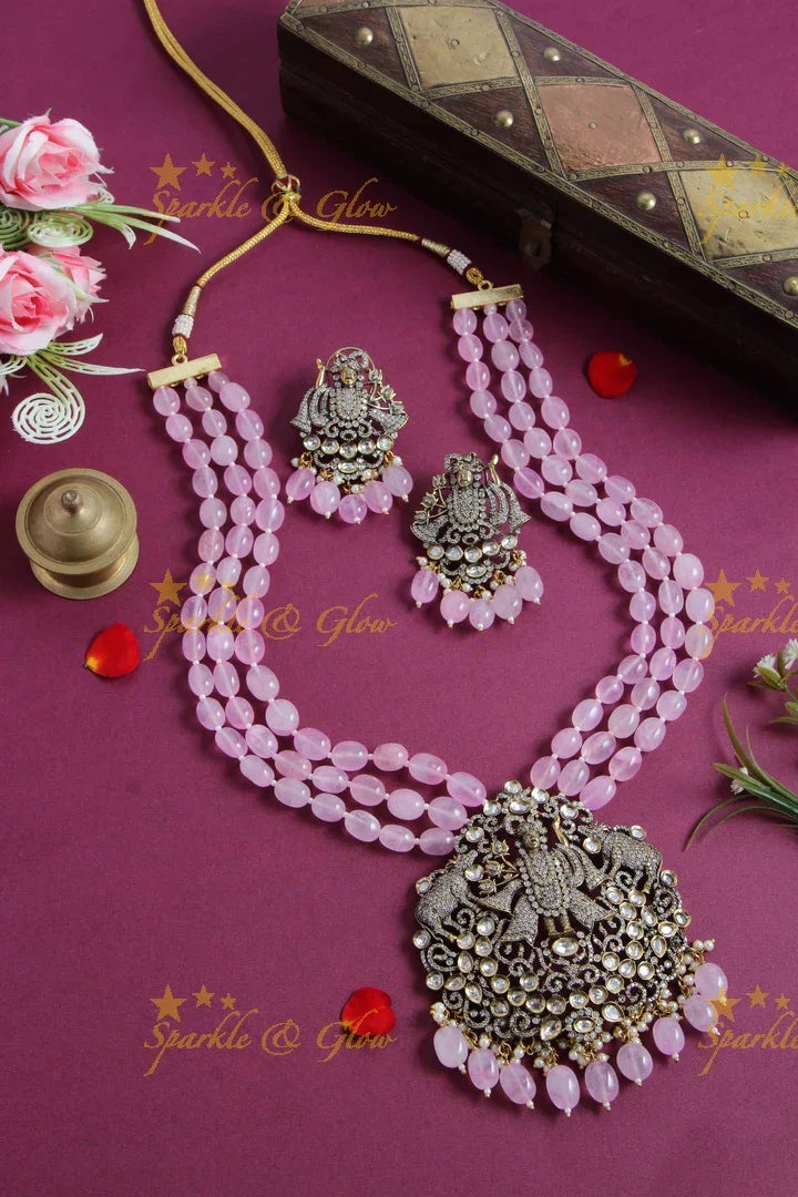 Gorgeous Balaji pendent multi layer baby pink beads chain Victorian AD haram - baby pink - Sparkle and Glow