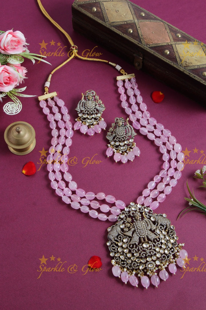Gorgeous Balaji pendent multi layer pink beads chain Victorian AD haram - pink