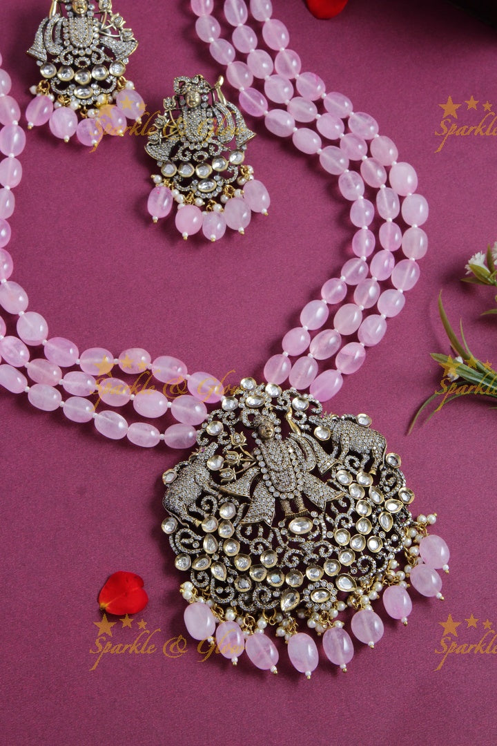 Gorgeous Balaji pendent multi layer baby pink beads chain Victorian AD haram - baby pink