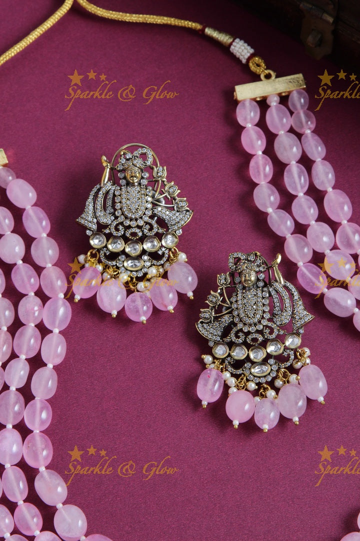 Gorgeous Balaji pendent multi layer baby pink beads chain Victorian AD haram - baby pink