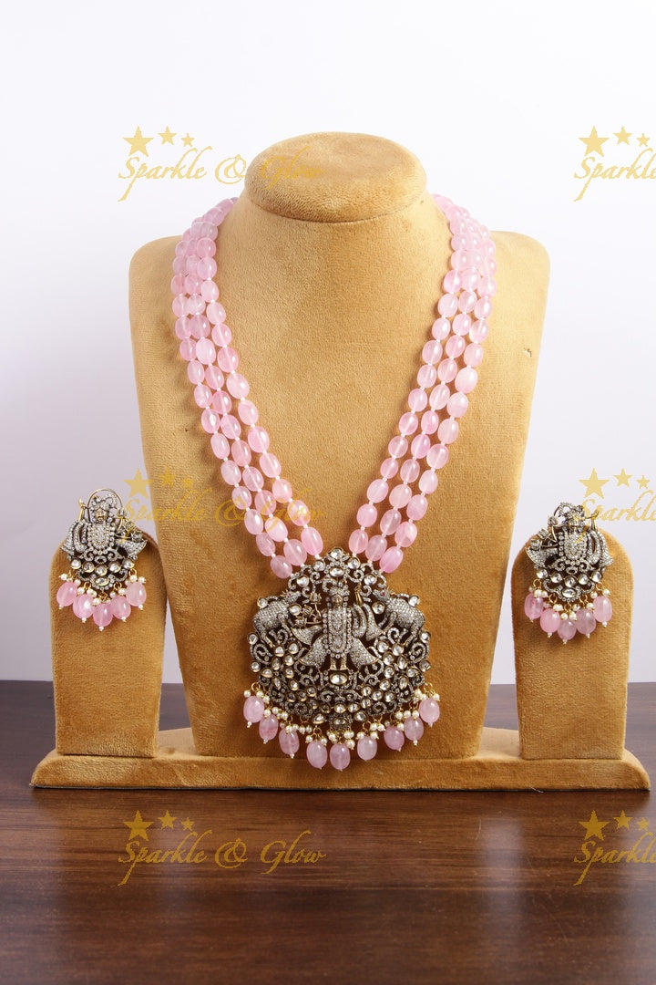 Gorgeous Balaji pendent multi layer baby pink beads chain Victorian AD haram - baby pink