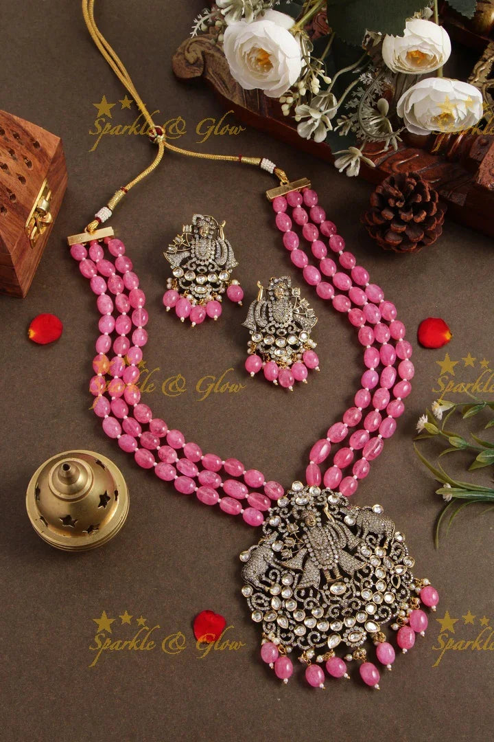 Gorgeous Balaji pendent multi layer baby pink beads chain Victorian AD haram - baby pink - Sparkle and Glow