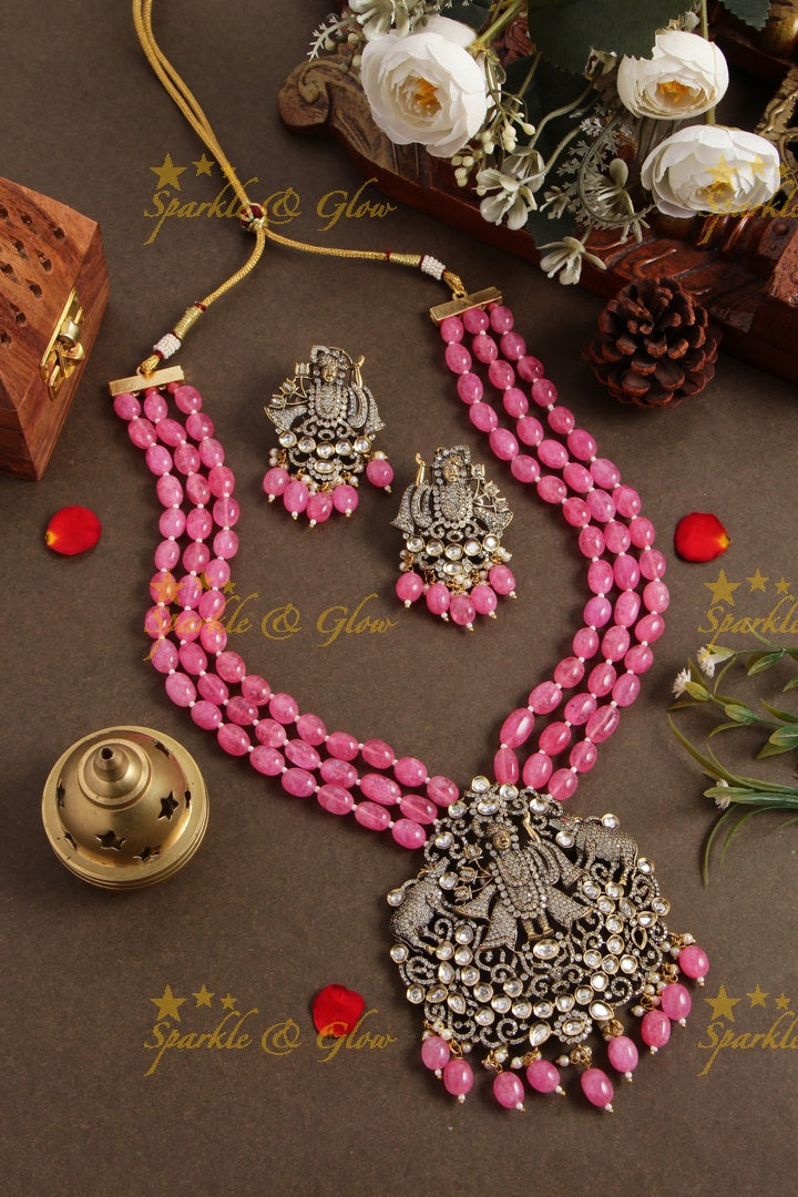 Gorgeous Balaji pendent multi layer pink beads chain Victorian AD haram - pink