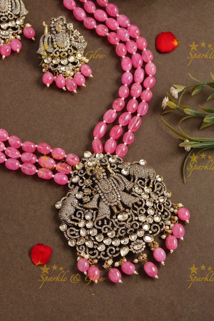 Gorgeous Balaji pendent multi layer pink beads chain Victorian AD haram - pink