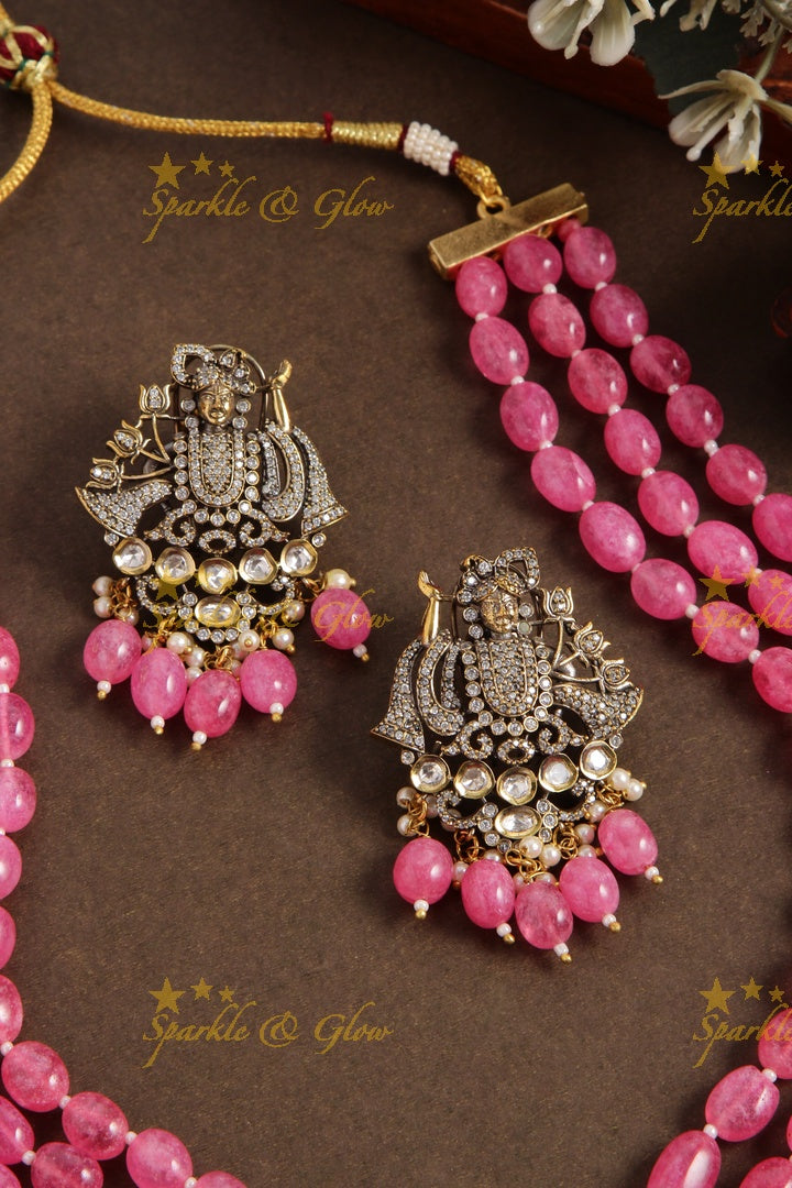 Gorgeous Balaji pendent multi layer pink beads chain Victorian AD haram - pink