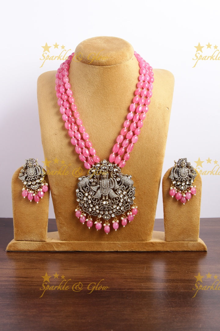 Gorgeous Balaji pendent multi layer pink beads chain Victorian AD haram - pink
