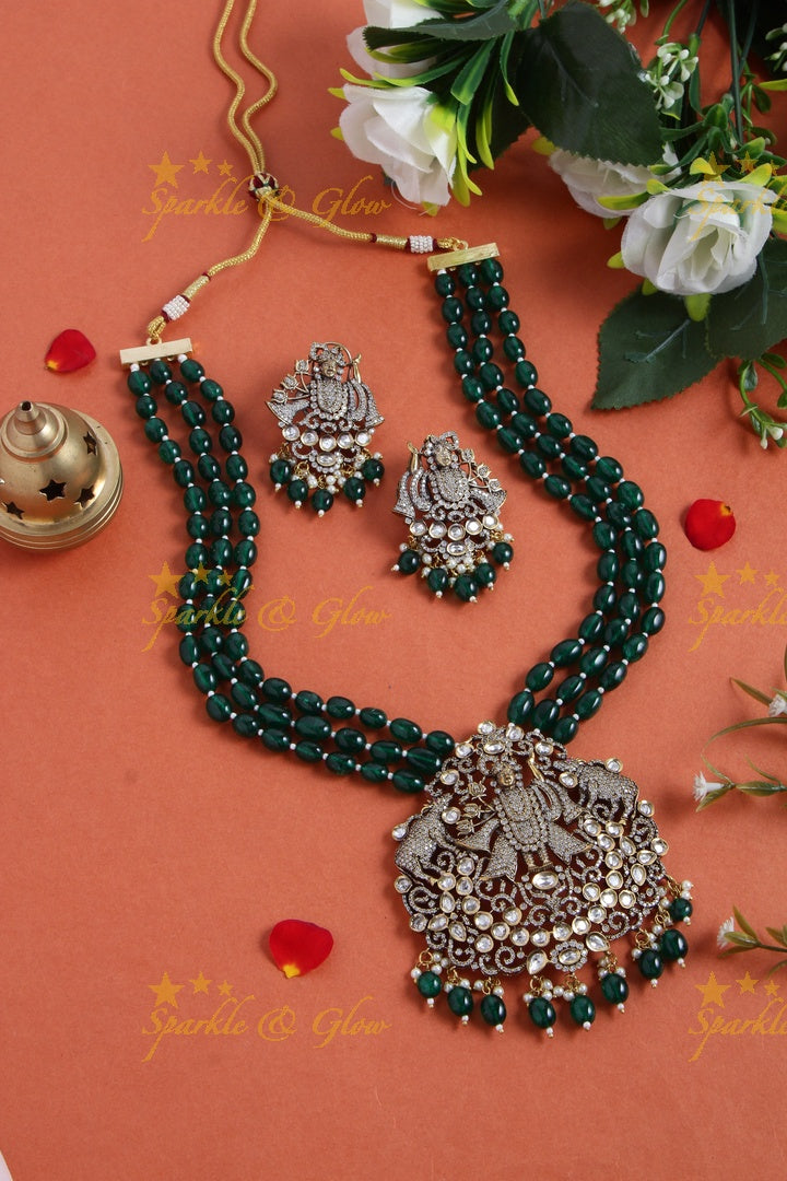 Gorgeous Balaji pendent multi layer green beads chain Victorian AD haram - green