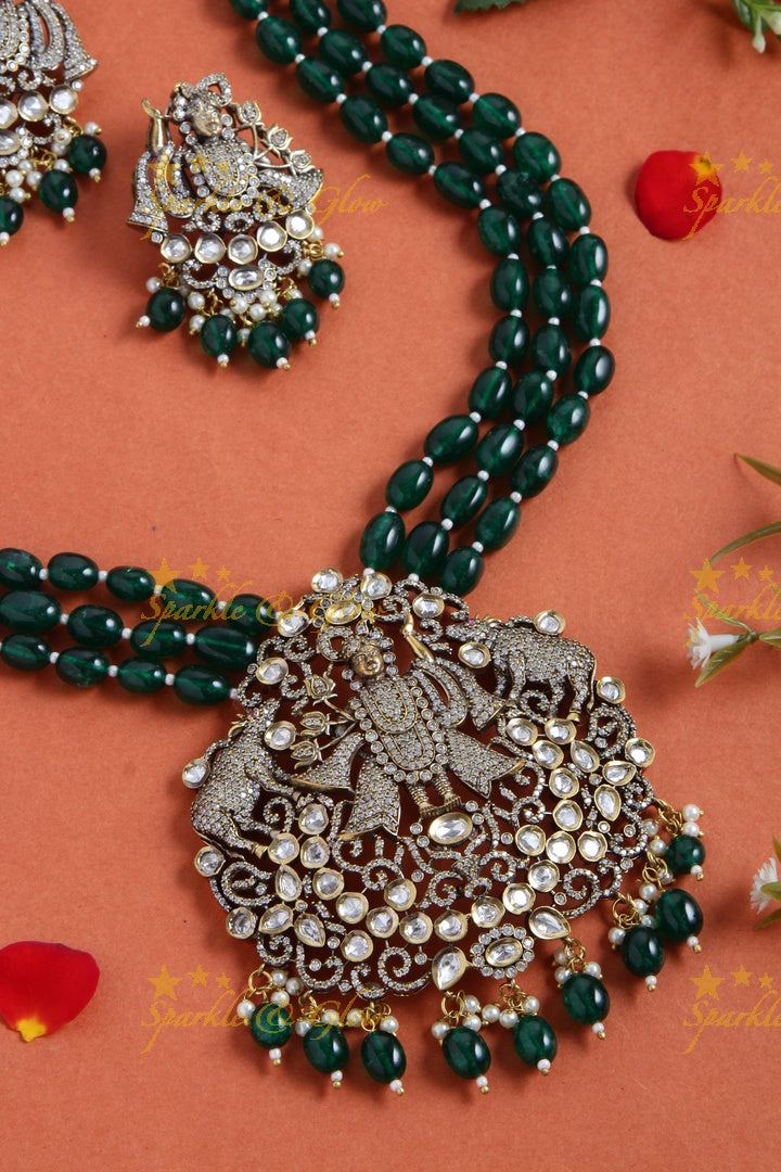 Gorgeous Balaji pendent multi layer green beads chain Victorian AD haram - green