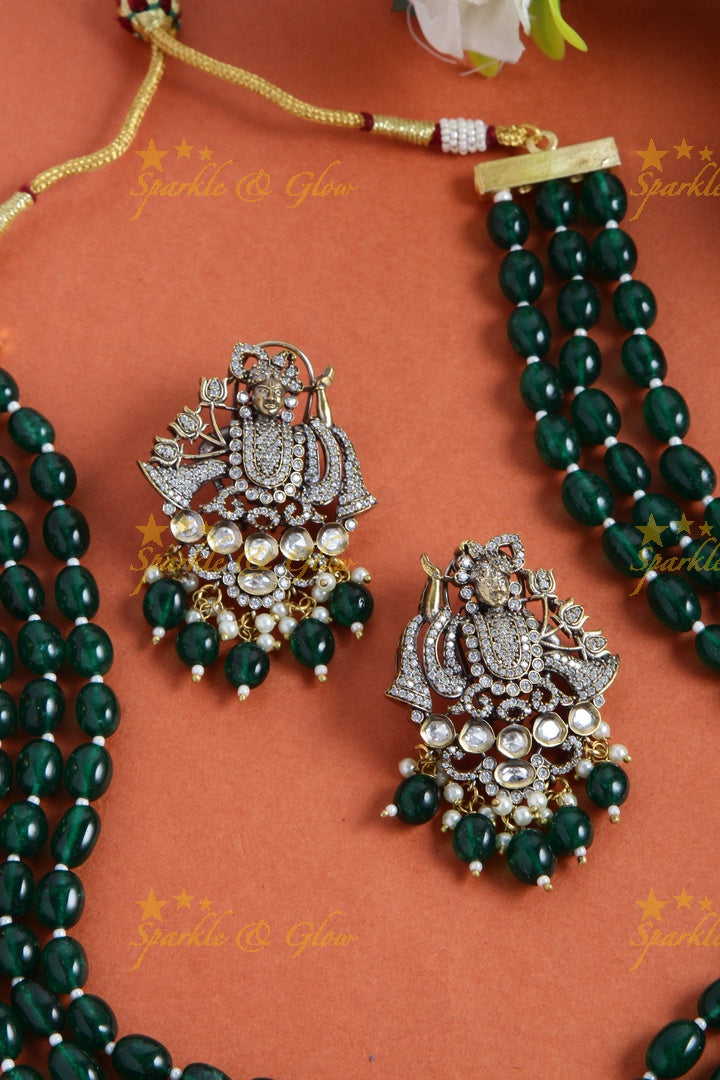 Gorgeous Balaji pendent multi layer green beads chain Victorian AD haram - green