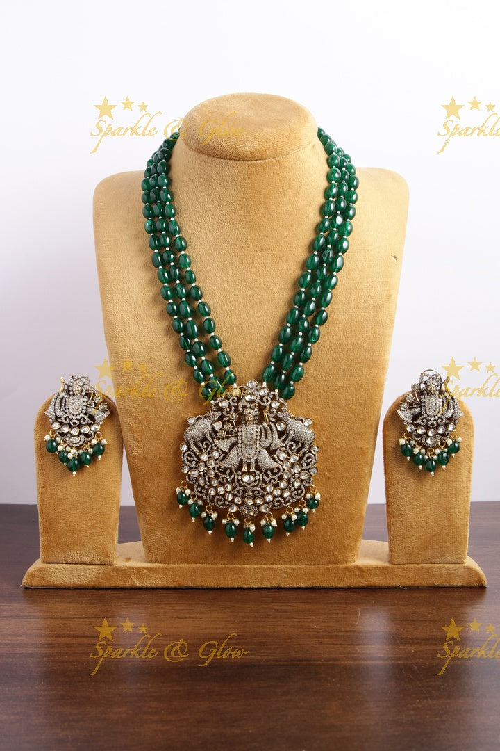 Gorgeous Balaji pendent multi layer green beads chain Victorian AD haram - green