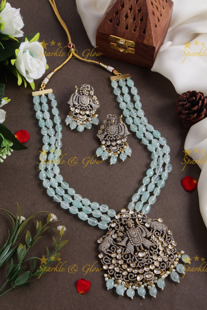 Gorgeous Balaji pendent multi layer sea blue beads chain Victorian AD haram - sea blue