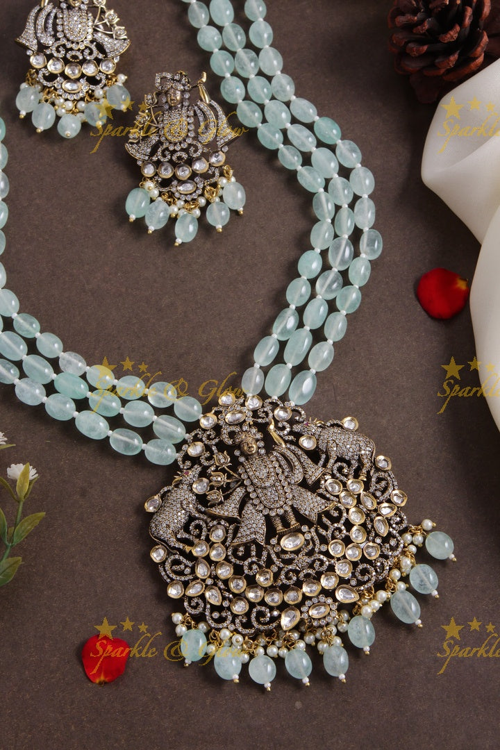 Gorgeous Balaji pendent multi layer sea blue beads chain Victorian AD haram - sea blue