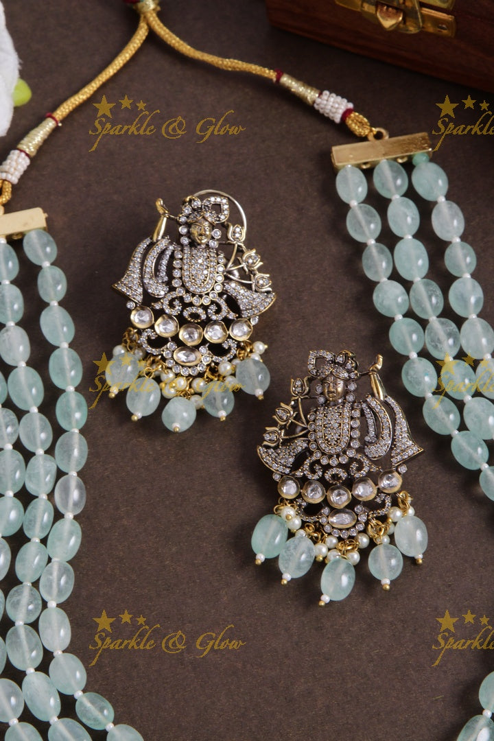 Gorgeous Balaji pendent multi layer sea blue beads chain Victorian AD haram - sea blue