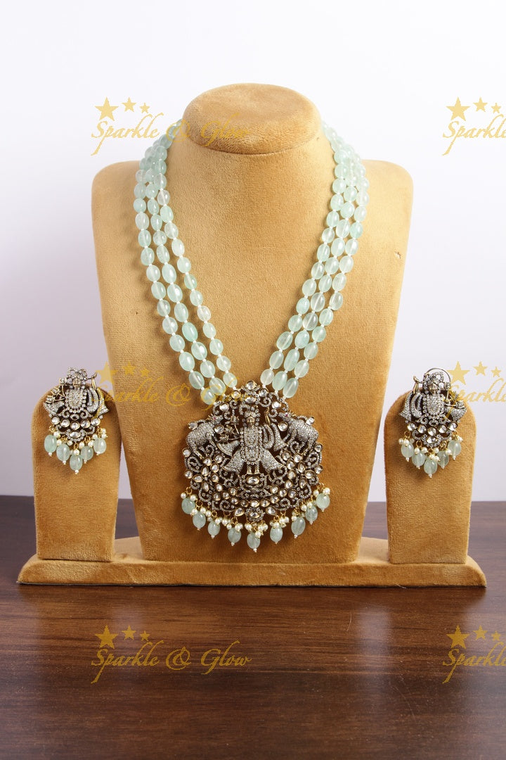 Gorgeous Balaji pendent multi layer sea blue beads chain Victorian AD haram - sea blue