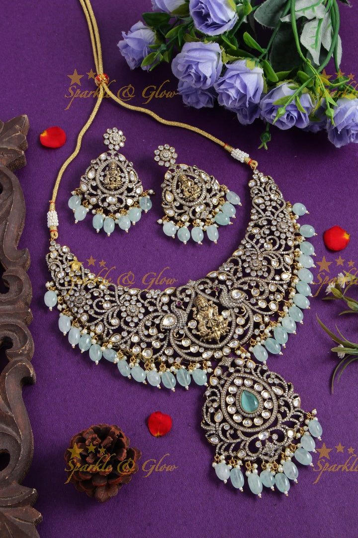 Exclusive Grand Lakshmi peacock carved Victorian AD short necklace with green beads
