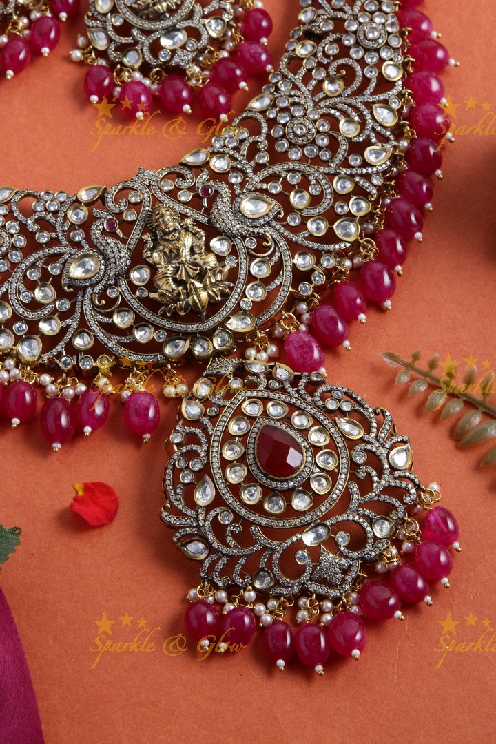 Exclusive Grand Lakshmi peacock carved Victorian AD short necklace with green beads
