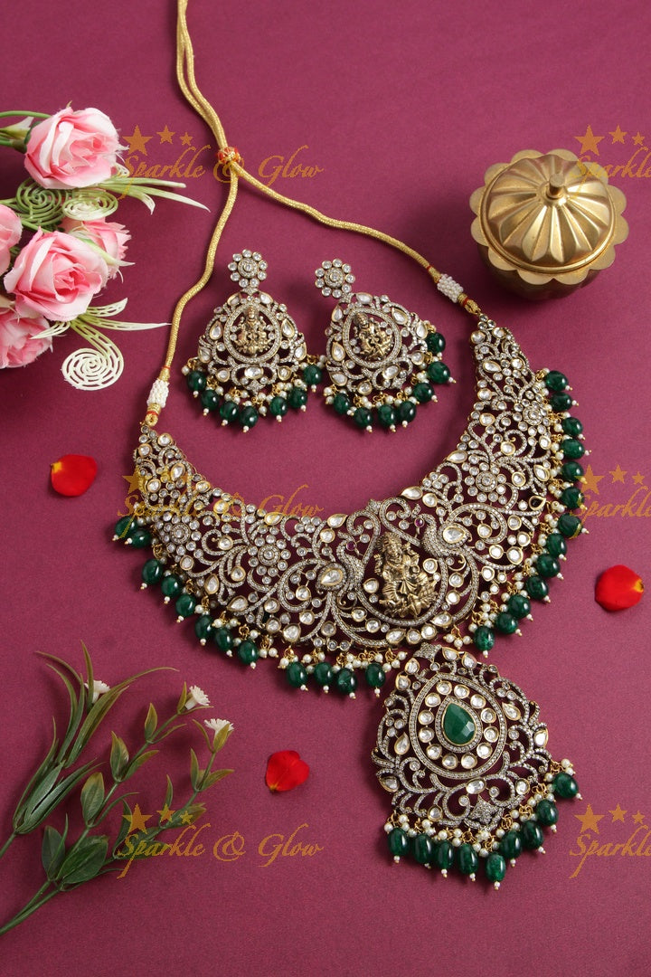 Exclusive Grand Lakshmi peacock carved Victorian AD short necklace with green beads