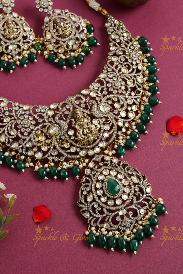 Exclusive Grand Lakshmi peacock carved Victorian AD short necklace with green beads