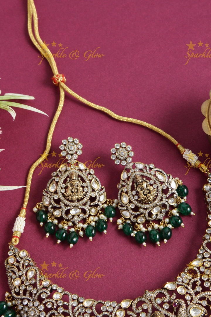 Exclusive Grand Lakshmi peacock carved Victorian AD short necklace with green beads