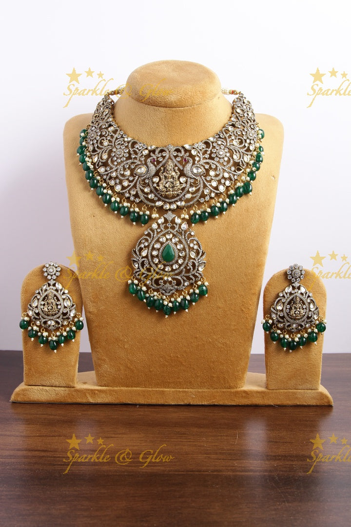Exclusive Grand Lakshmi peacock carved Victorian AD short necklace with green beads