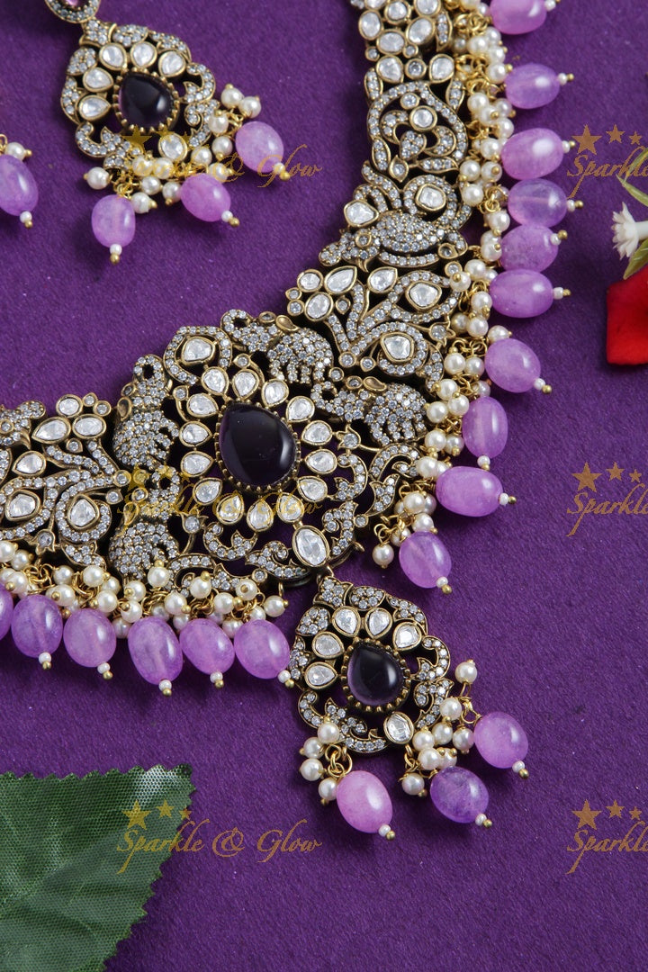 Stunning Elephant carved Victorian AD short necklace with purple beads and stones - purple