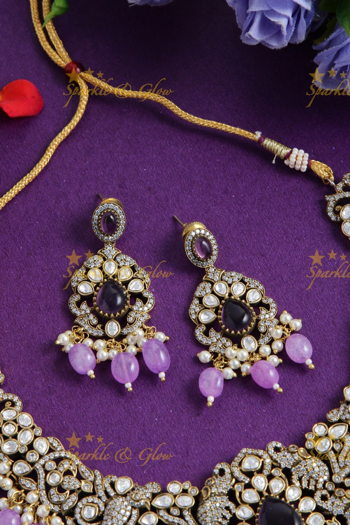 Stunning Elephant carved Victorian AD short necklace with purple beads and stones - purple