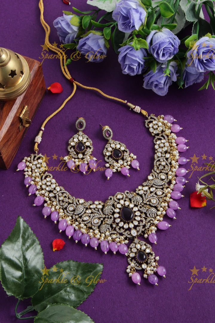 Stunning Elephant carved Victorian AD short necklace with purple beads and stones - purple