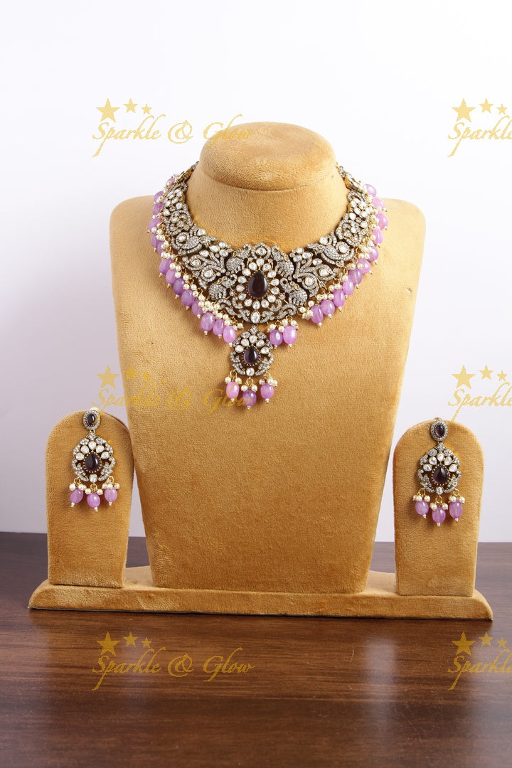 Stunning Elephant carved Victorian AD short necklace with purple beads and stones - purple