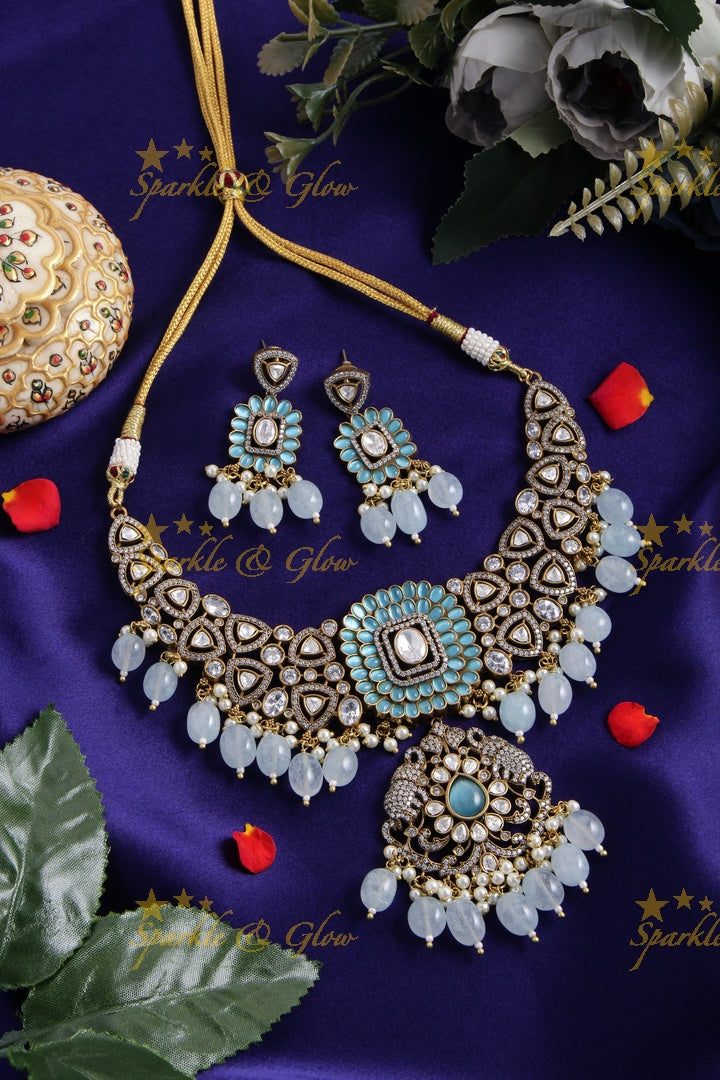 Elegant Elephant and floral design Victorian AD short necklace with sea blue beads
