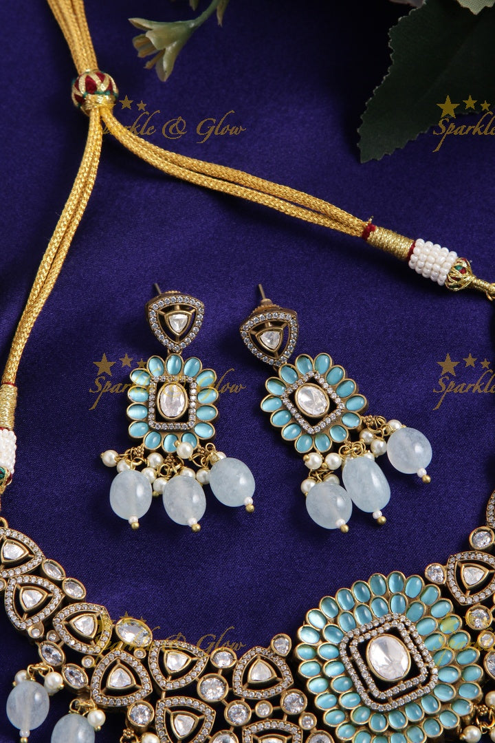 Elegant Elephant and floral design Victorian AD short necklace with sea blue beads