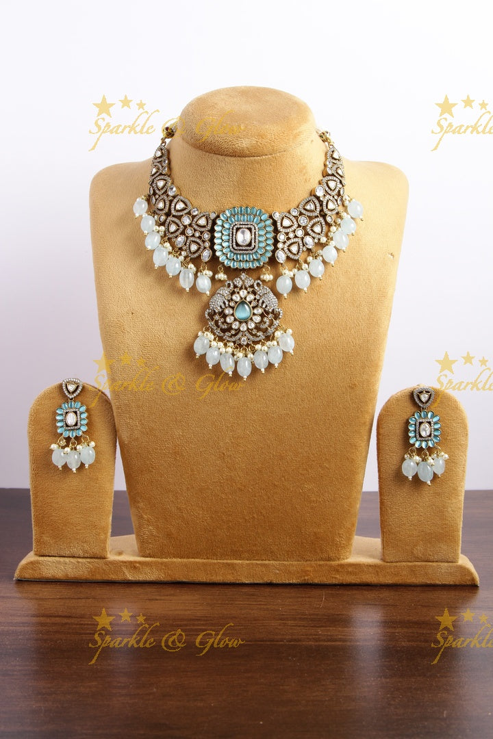 Elegant Elephant and floral design Victorian AD short necklace with sea blue beads