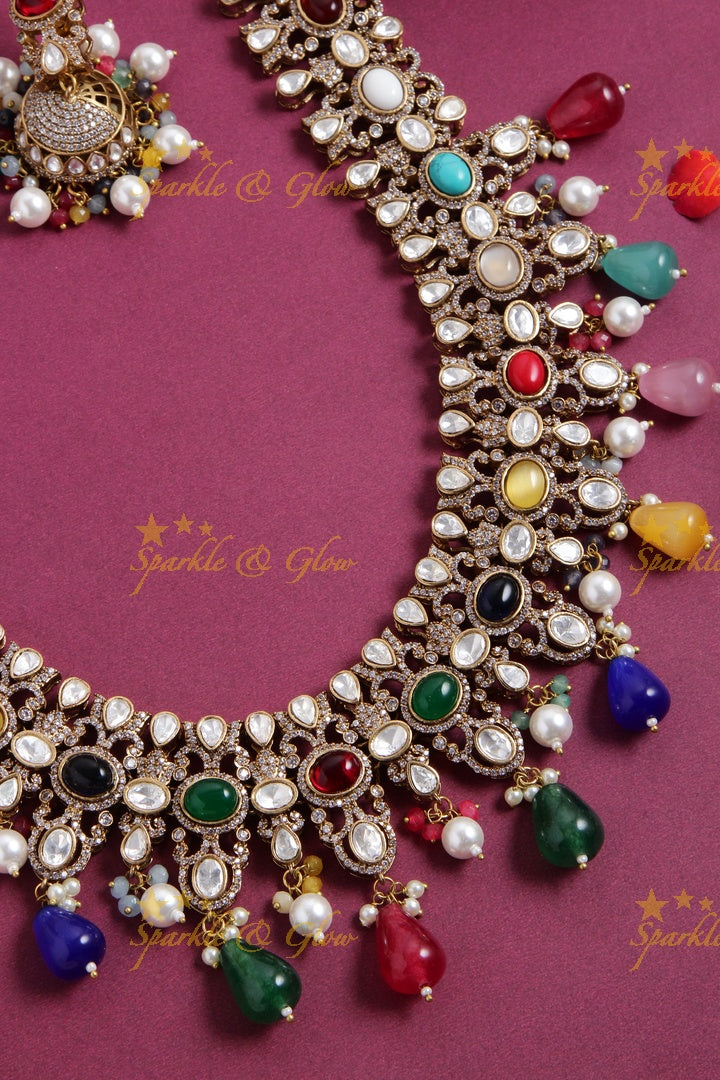 Grand intricate floral design Victorian AD long necklace with navaratna pearls and navaratna beads