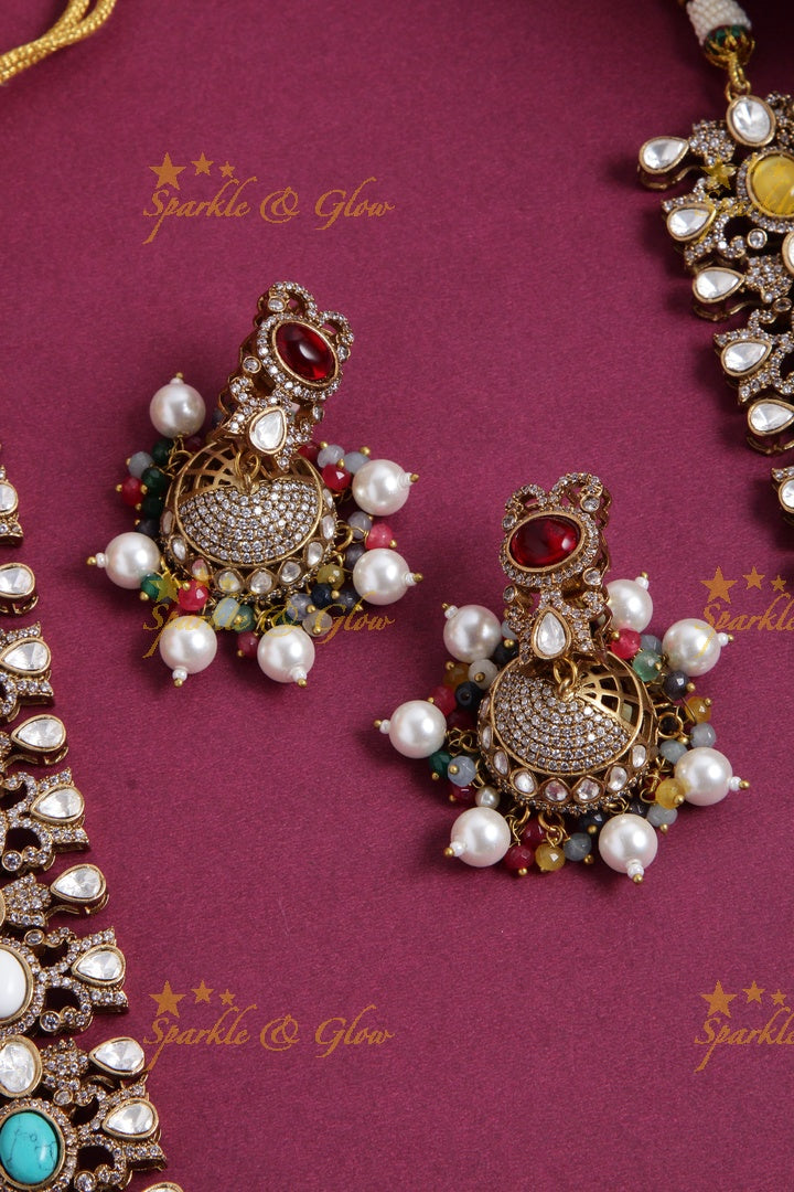 Grand intricate floral design Victorian AD long necklace with navaratna pearls and navaratna beads
