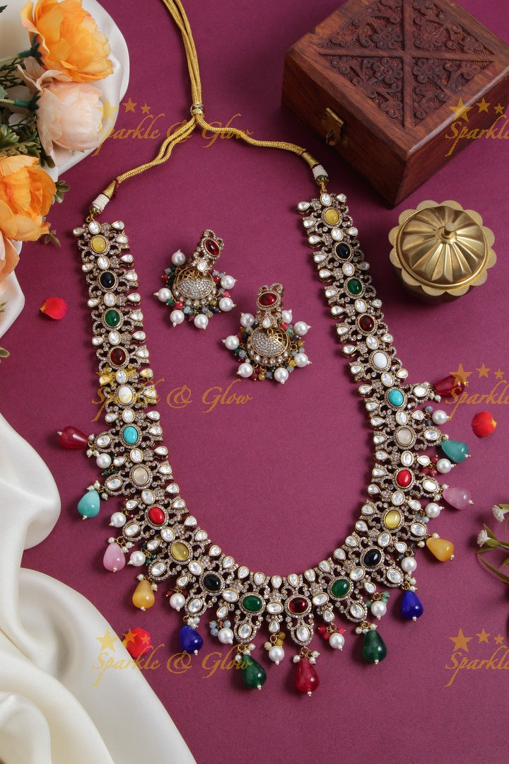 Grand intricate floral design Victorian AD long necklace with navaratna pearls and navaratna beads