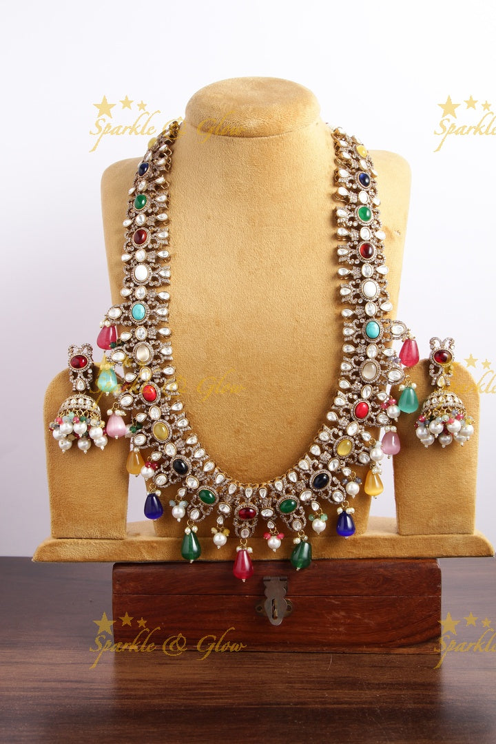 Grand intricate floral design Victorian AD long necklace with navaratna pearls and navaratna beads