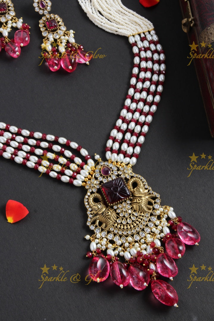 Exquisite elephant pendent Victorian AD haram with multi layer pearl and red beads chain