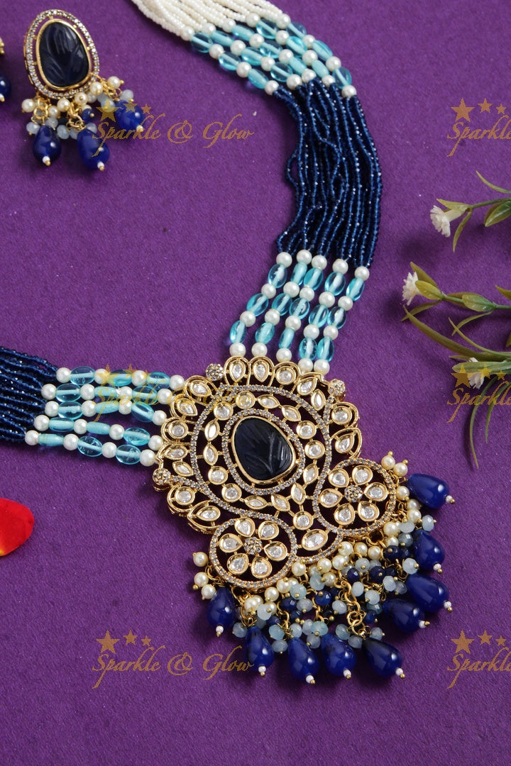 Elegant floral design pendent Victorian AD haram with multi layer pearl and blue beads chain