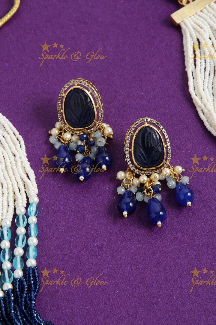 Elegant floral design pendent Victorian AD haram with multi layer pearl and blue beads chain