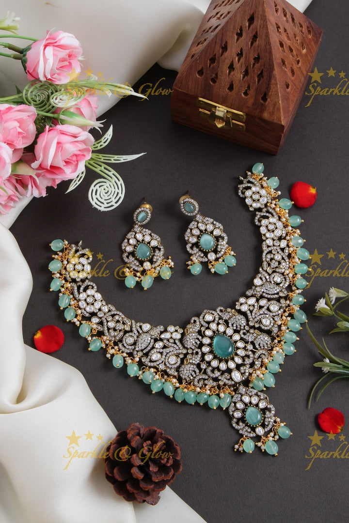 Stunning Elephant carved Victorian AD short necklace with mint green beads and stones - mintgreen